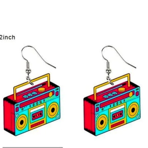 Retro Boombox Acrylic Drop Earrings – Colorful 80s Music Statement Jewelry - Picture 2 of 2